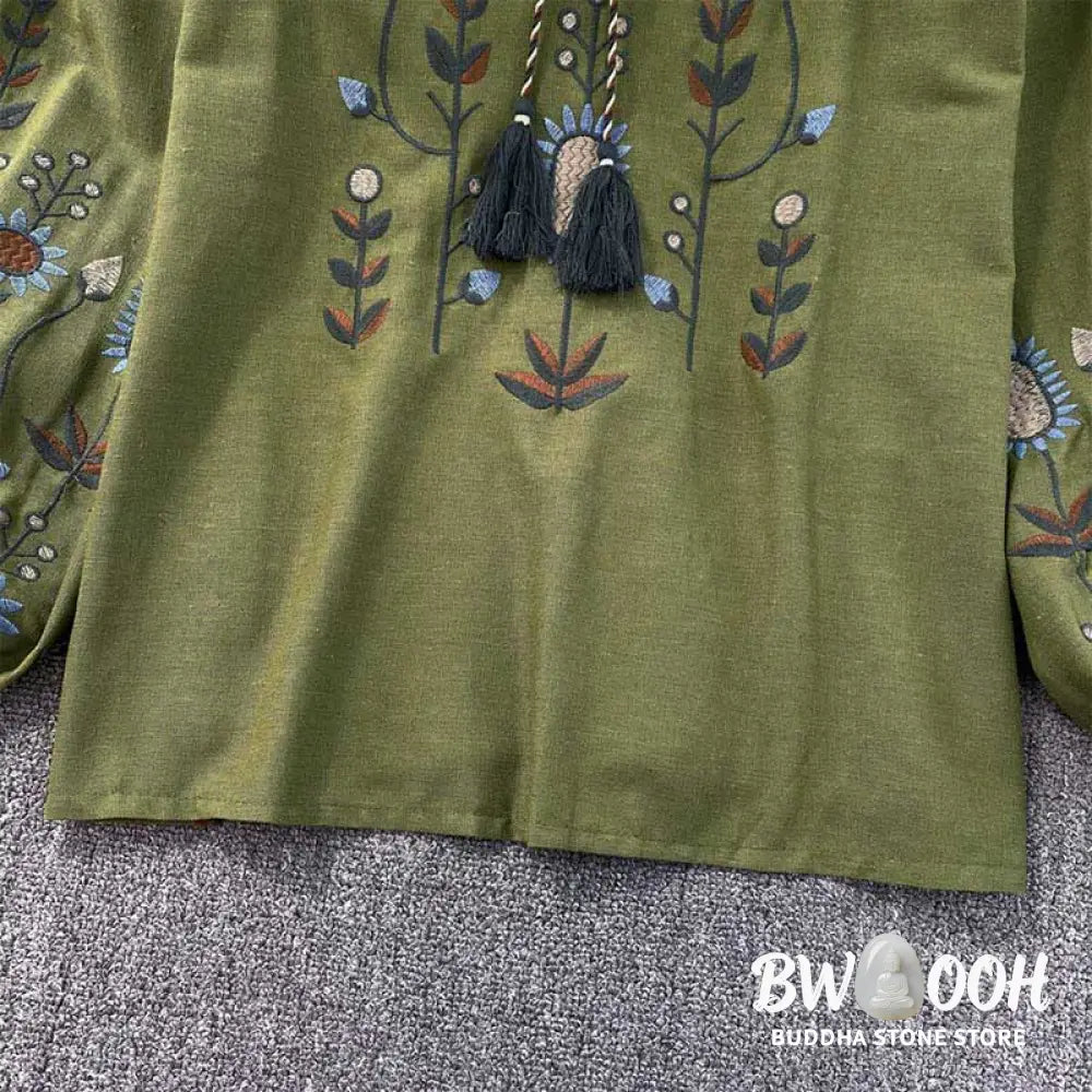 Buddha Stones Casual Embroidery Flower Leaf Pattern Women’s Cotton Linen Round Neck T-shirt - Women’s T-Shirts