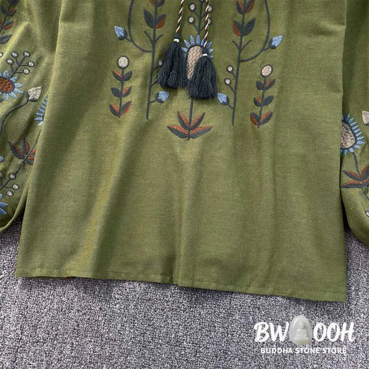 Buddha Stones Casual Embroidery Flower Leaf Pattern Women’s Cotton Linen Round Neck T-shirt - Women’s T-Shirts