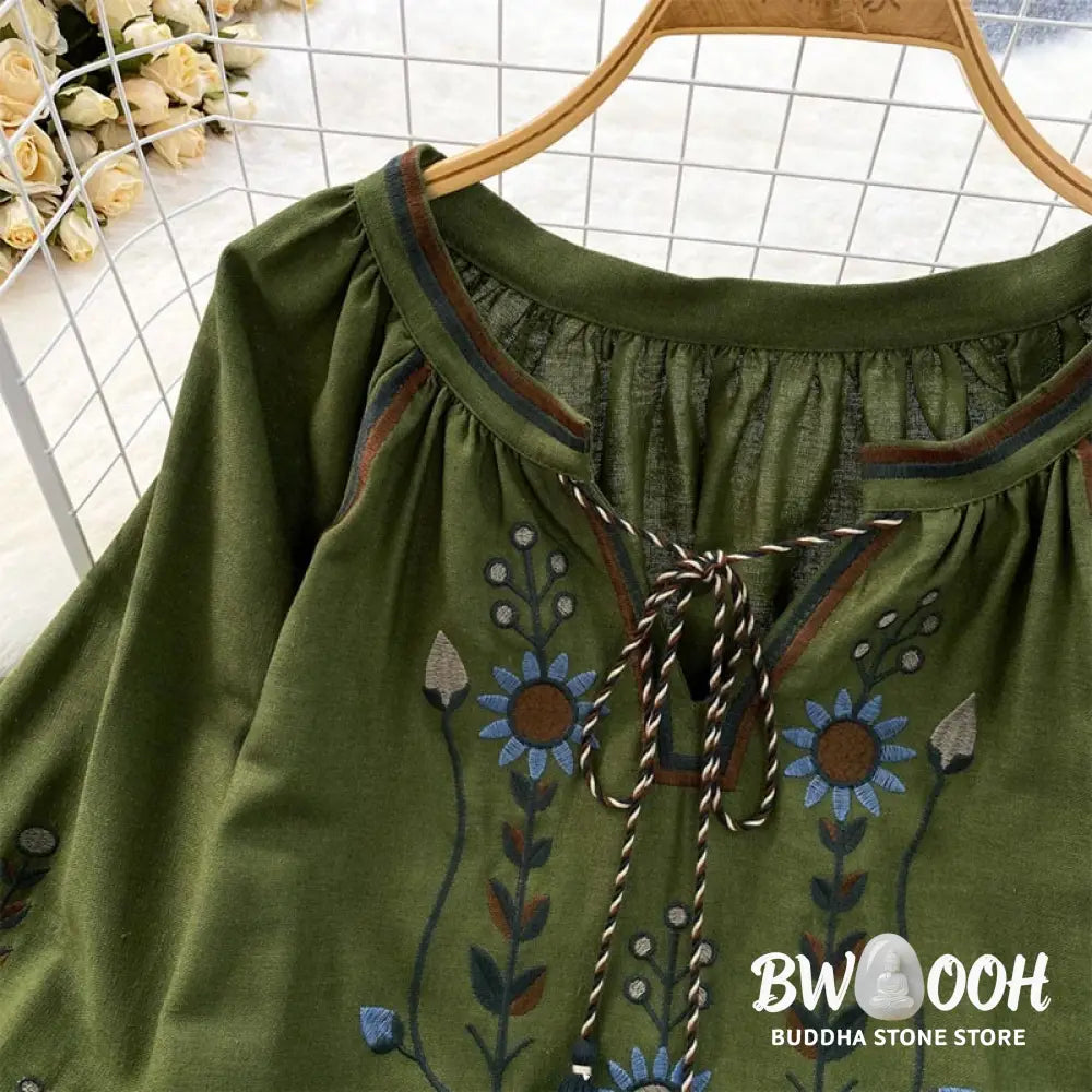 Buddha Stones Casual Embroidery Flower Leaf Pattern Women’s Cotton Linen Round Neck T-shirt - Women’s T-Shirts