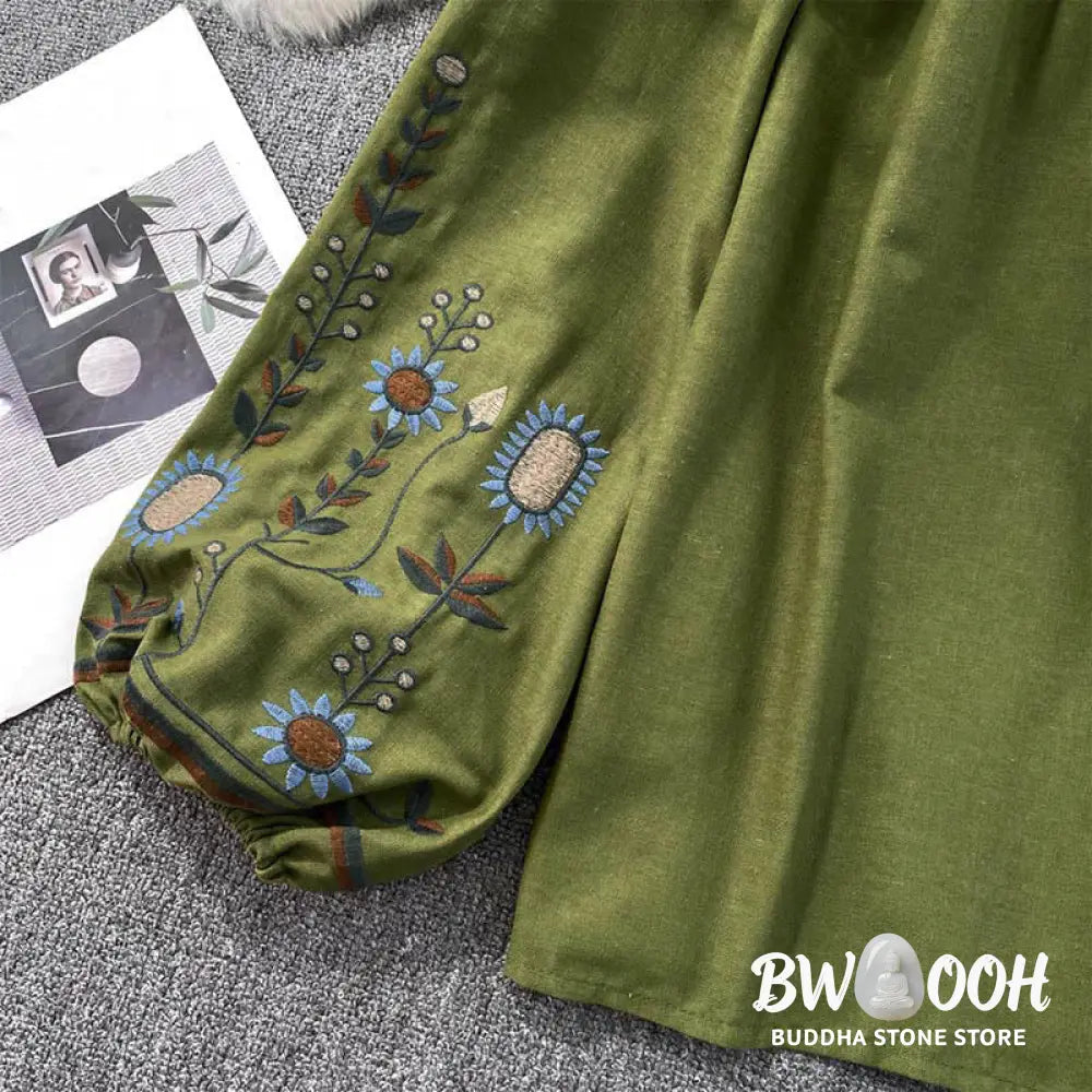 Buddha Stones Casual Embroidery Flower Leaf Pattern Women’s Cotton Linen Round Neck T-shirt - Women’s T-Shirts