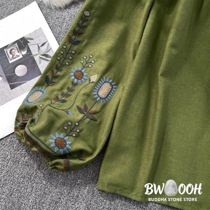 Buddha Stones Casual Embroidery Flower Leaf Pattern Women’s Cotton Linen Round Neck T-shirt - Women’s T-Shirts