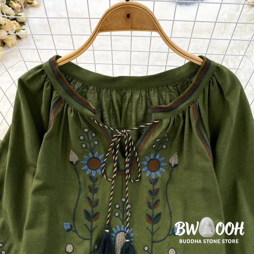 Buddha Stones Casual Embroidery Flower Leaf Pattern Women’s Cotton Linen Round Neck T-shirt - Women’s T-Shirts