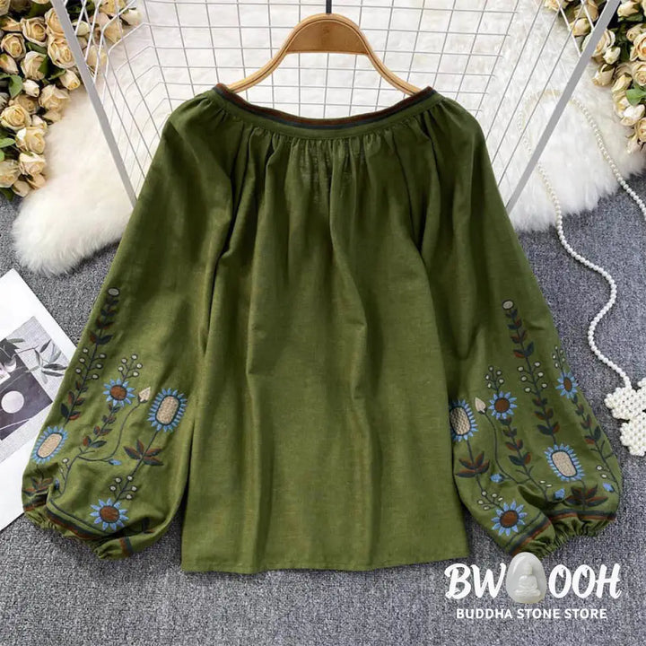 Buddha Stones Casual Embroidery Flower Leaf Pattern Women’s Cotton Linen Round Neck T-shirt - Women’s T-Shirts
