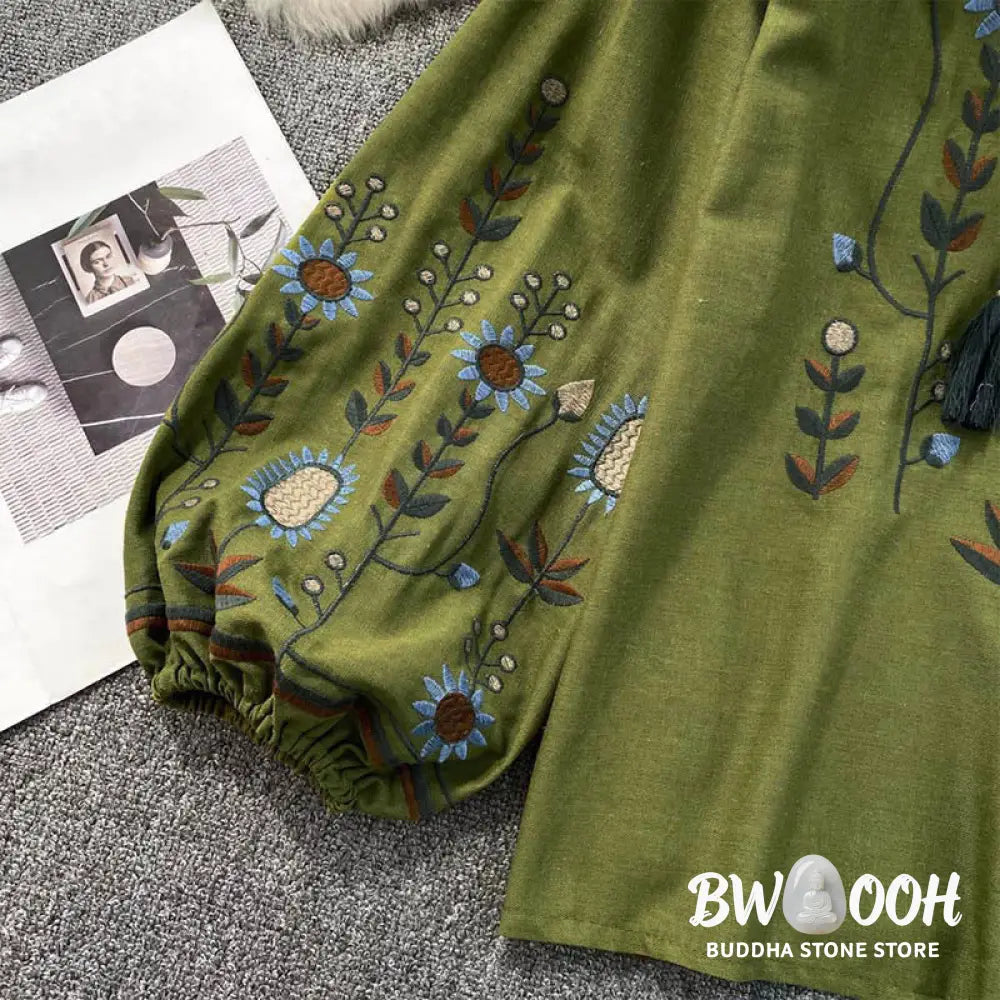 Buddha Stones Casual Embroidery Flower Leaf Pattern Women’s Cotton Linen Round Neck T-shirt - Women’s T-Shirts