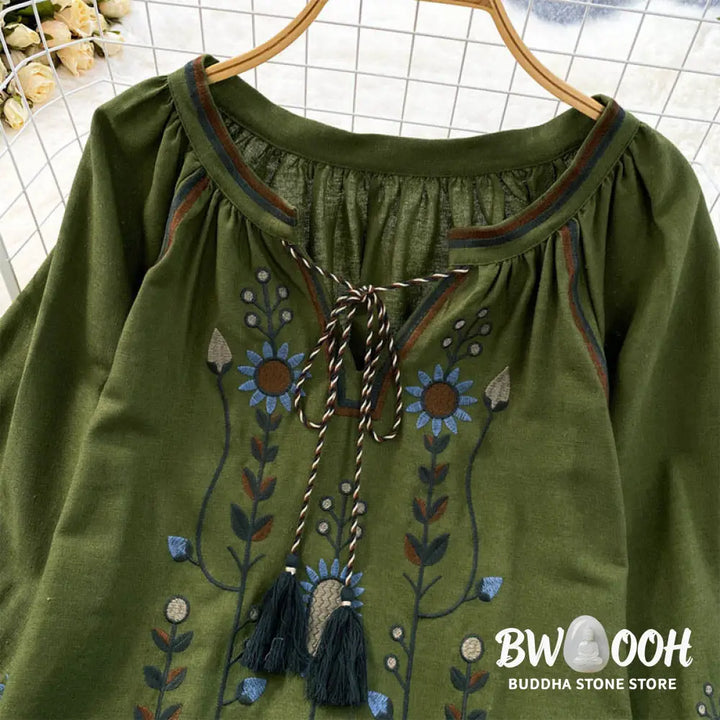 Buddha Stones Casual Embroidery Flower Leaf Pattern Women’s Cotton Linen Round Neck T-shirt - Women’s T-Shirts