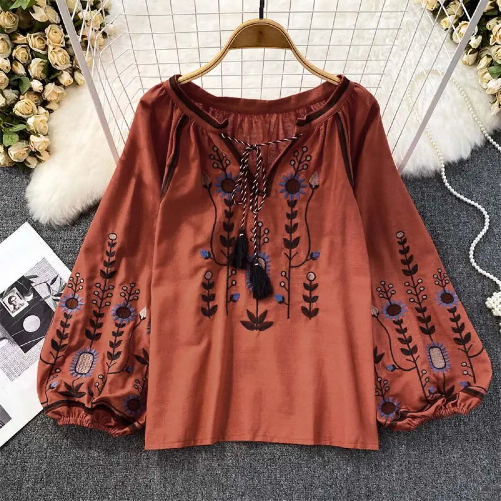 Buddha Stones Casual Embroidery Flower Leaf Pattern Women’s Cotton Linen Round Neck T-shirt - Tomato