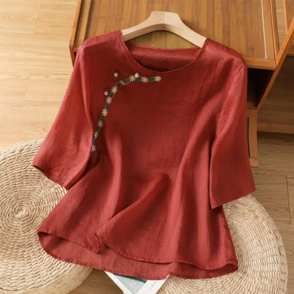 BWOOOH Casual Embroidery Flowers Cotton Polyester Half Sl