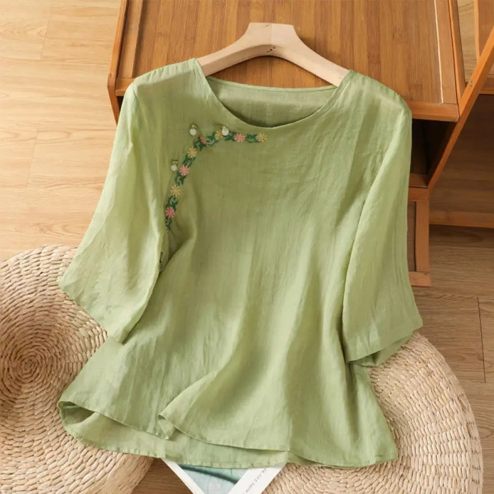 Buddha Stones Casual Embroidery Flowers Cotton Polyester Half Sleeve Women’s Crew Neck Shirt - LightGreen