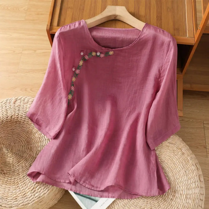 Buddha Stones Casual Embroidery Flowers Cotton Polyester Half Sleeve Women’s Crew Neck Shirt - PaleVioletRed