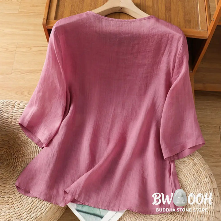 Buddha Stones Casual Embroidery Flowers Cotton Polyester Half Sleeve Women’s Crew Neck Shirt - Women’s Shirts