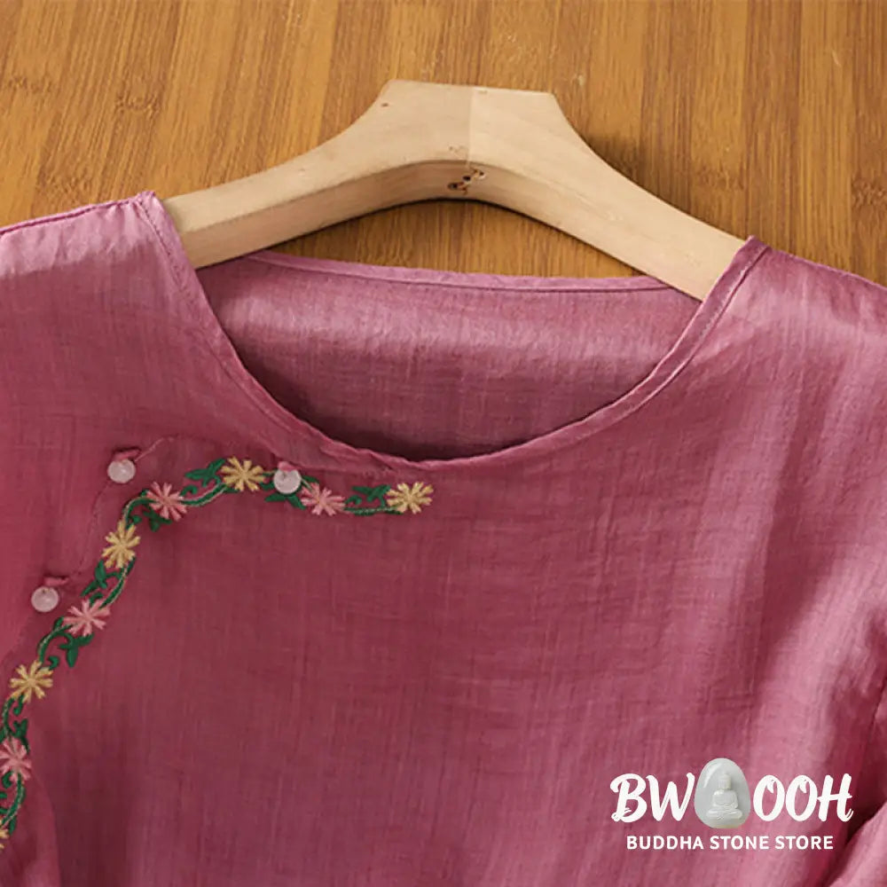 Buddha Stones Casual Embroidery Flowers Cotton Polyester Half Sleeve Women’s Crew Neck Shirt - Women’s Shirts