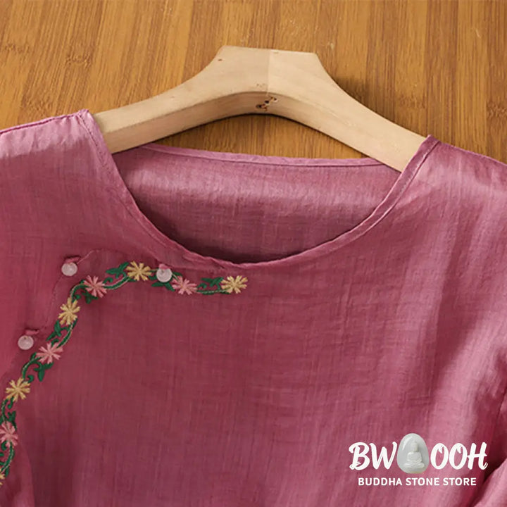 Buddha Stones Casual Embroidery Flowers Cotton Polyester Half Sleeve Women’s Crew Neck Shirt - Women’s Shirts
