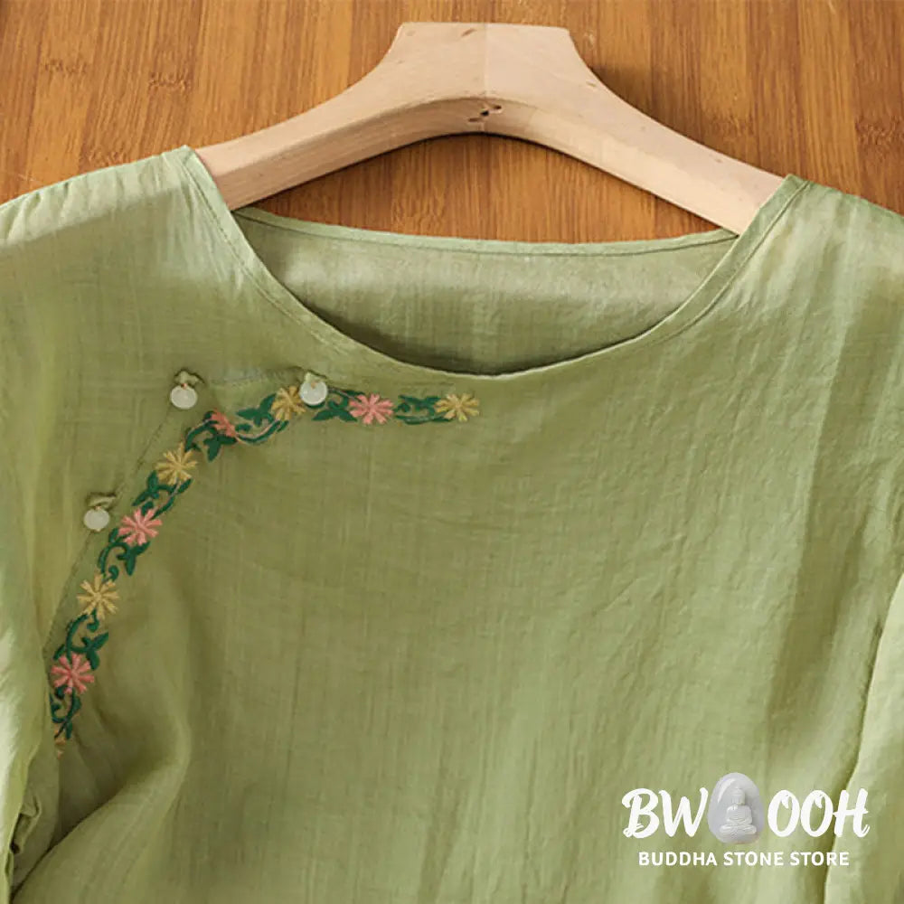 Buddha Stones Casual Embroidery Flowers Cotton Polyester Half Sleeve Women’s Crew Neck Shirt - Women’s Shirts