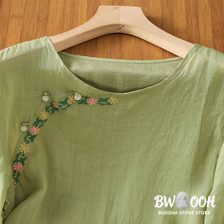 Buddha Stones Casual Embroidery Flowers Cotton Polyester Half Sleeve Women’s Crew Neck Shirt - Women’s Shirts