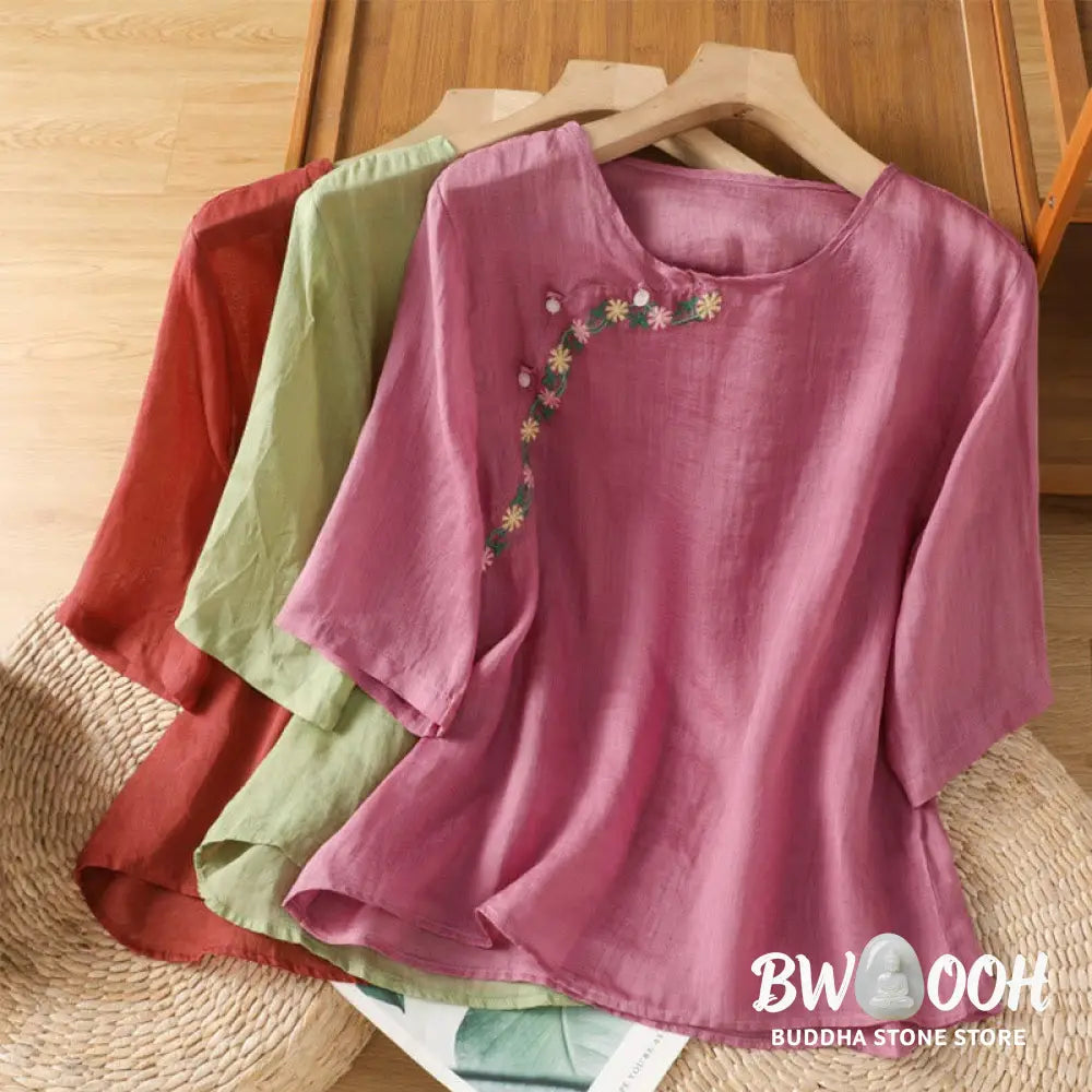Buddha Stones Casual Embroidery Flowers Cotton Polyester Half Sleeve Women’s Crew Neck Shirt - Women’s Shirts