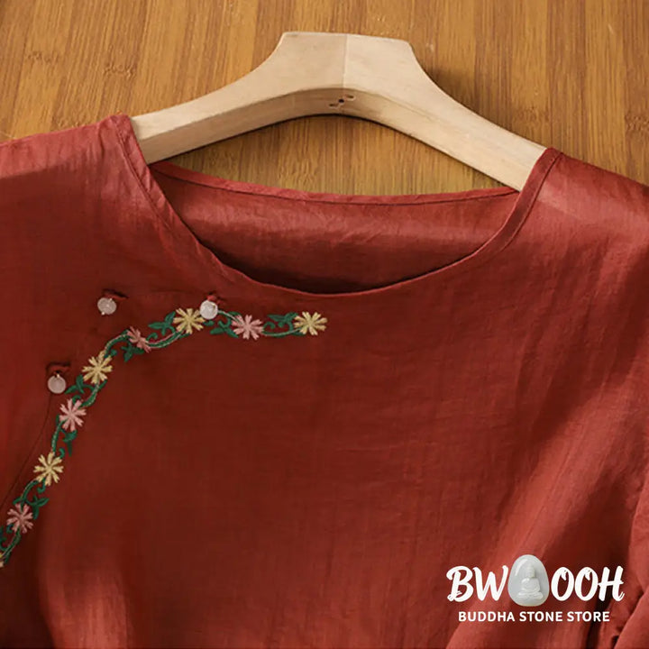 Buddha Stones Casual Embroidery Flowers Cotton Polyester Half Sleeve Women’s Crew Neck Shirt - Women’s Shirts