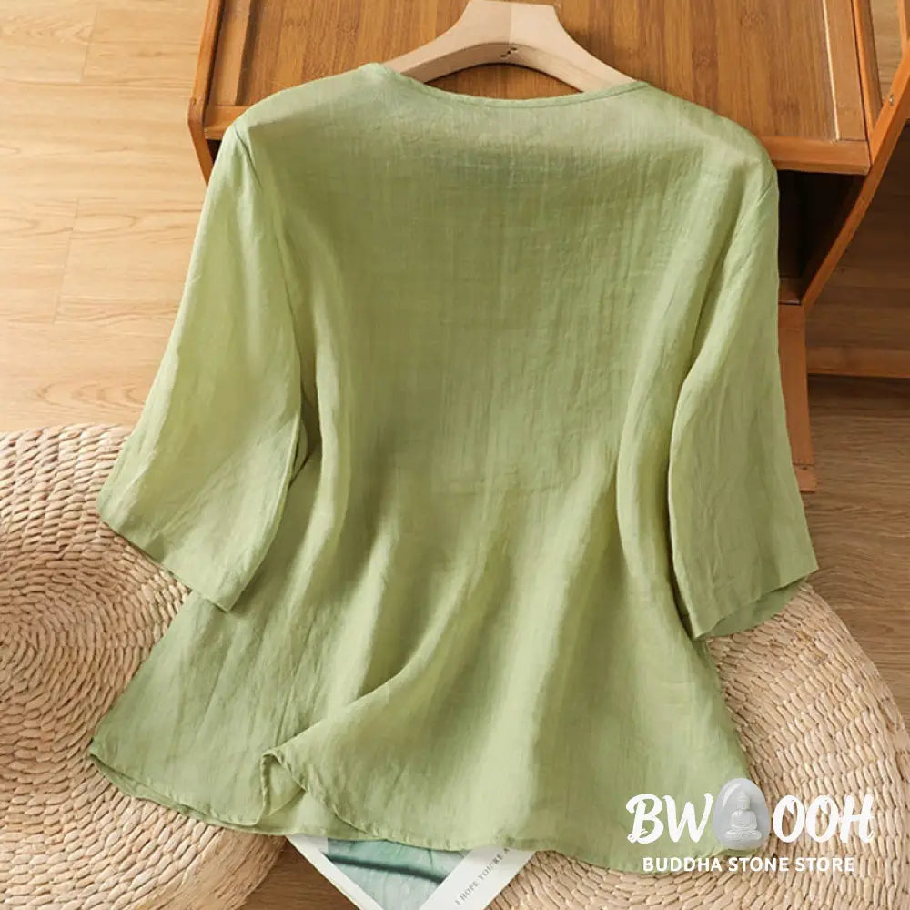 Buddha Stones Casual Embroidery Flowers Cotton Polyester Half Sleeve Women’s Crew Neck Shirt - Women’s Shirts