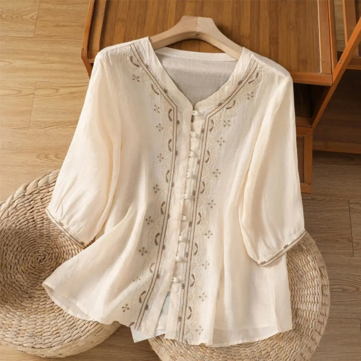 BWOOOH Casual Embroidery Frog-Button Polyester Half Sleev