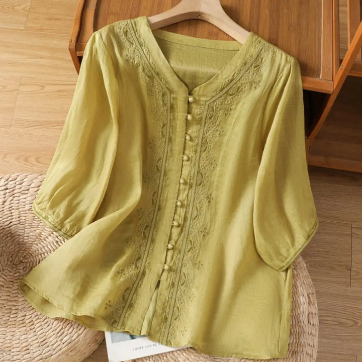 Buddha Stones Casual Embroidery Frog-Button Polyester Half Sleeve Women’s V-neck Shirt - DarkKhaki / US4，UK/AU8，EU36
