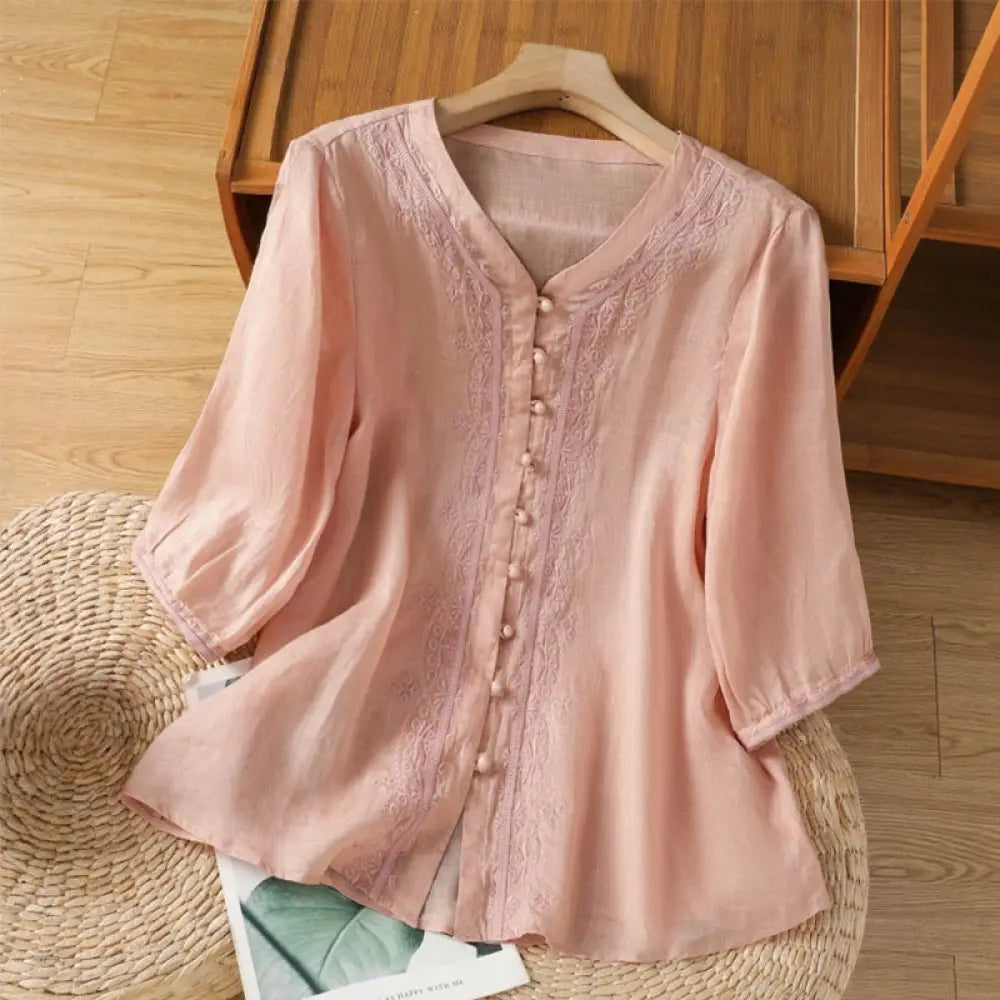 Buddha Stones Casual Embroidery Frog-Button Polyester Half Sleeve Women’s V-neck Shirt - MistyRose / US4，UK/AU8，EU36