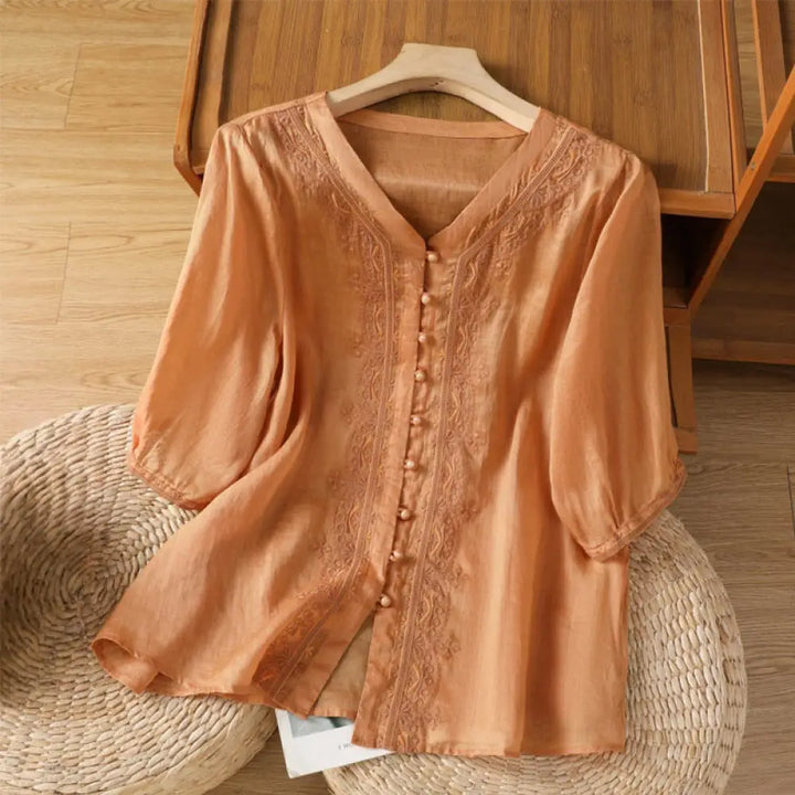 Buddha Stones Casual Embroidery Frog-Button Polyester Half Sleeve Women’s V-neck Shirt - SandyBrown / US4，UK/AU8，EU36