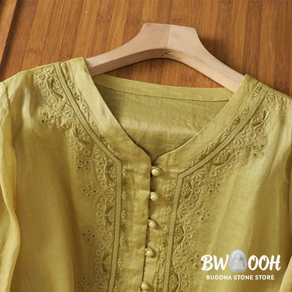 Buddha Stones Casual Embroidery Frog-Button Polyester Half Sleeve Women’s V-neck Shirt - Women’s Shirts