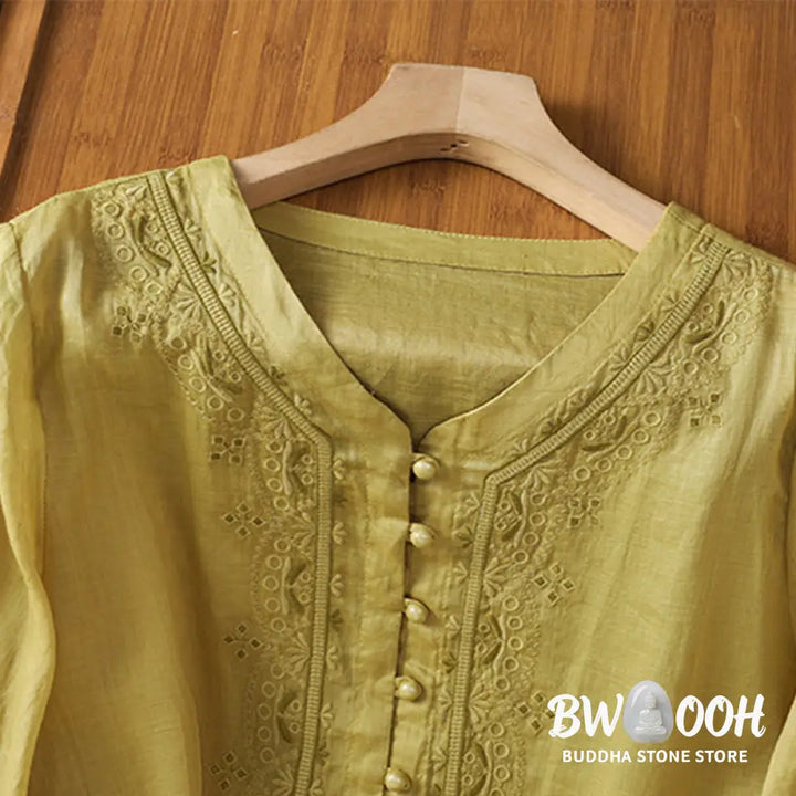 Buddha Stones Casual Embroidery Frog-Button Polyester Half Sleeve Women’s V-neck Shirt - Women’s Shirts