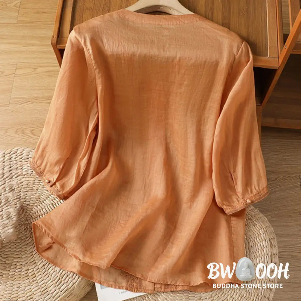 Buddha Stones Casual Embroidery Frog-Button Polyester Half Sleeve Women’s V-neck Shirt - Women’s Shirts