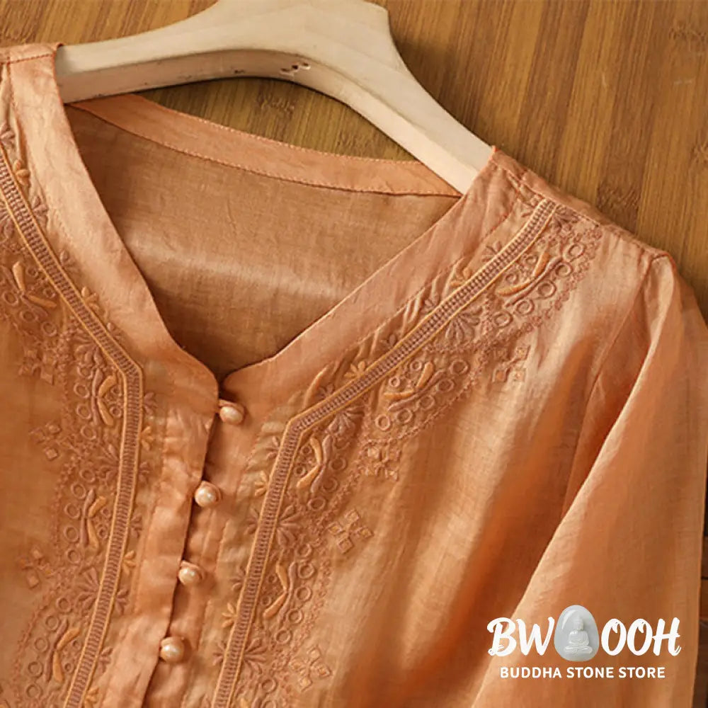 Buddha Stones Casual Embroidery Frog-Button Polyester Half Sleeve Women’s V-neck Shirt - Women’s Shirts