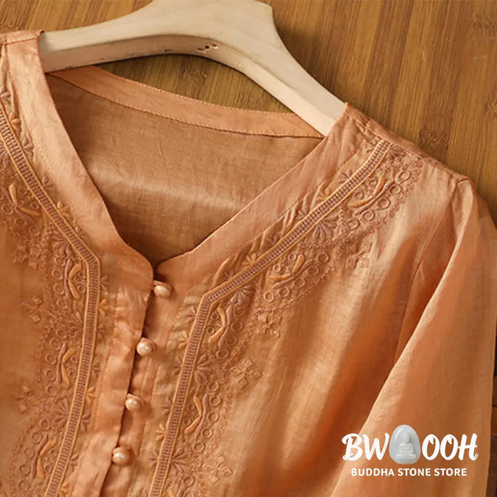 Buddha Stones Casual Embroidery Frog-Button Polyester Half Sleeve Women’s V-neck Shirt - Women’s Shirts