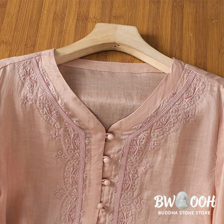 Buddha Stones Casual Embroidery Frog-Button Polyester Half Sleeve Women’s V-neck Shirt - Women’s Shirts