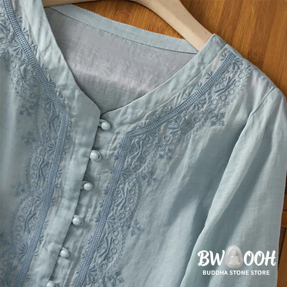 Buddha Stones Casual Embroidery Frog-Button Polyester Half Sleeve Women’s V-neck Shirt - Women’s Shirts