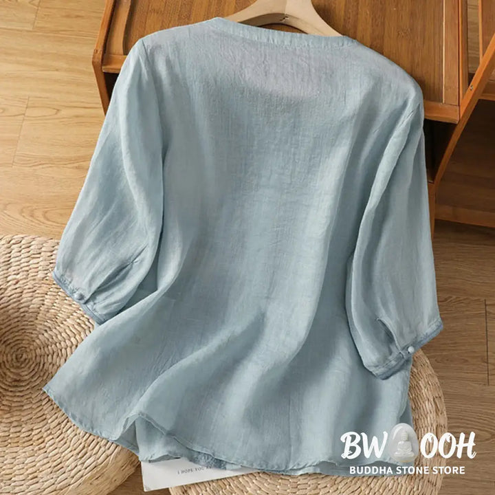Buddha Stones Casual Embroidery Frog-Button Polyester Half Sleeve Women’s V-neck Shirt - Women’s Shirts