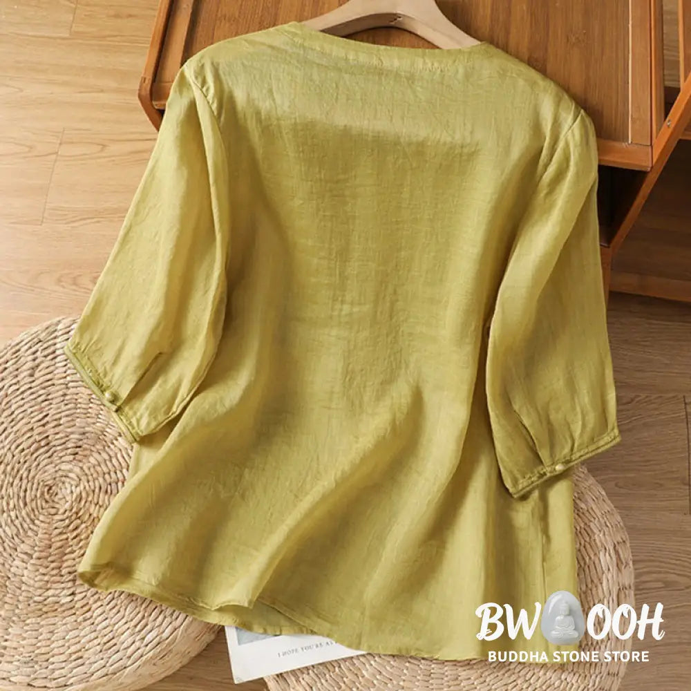Buddha Stones Casual Embroidery Frog-Button Polyester Half Sleeve Women’s V-neck Shirt - Women’s Shirts