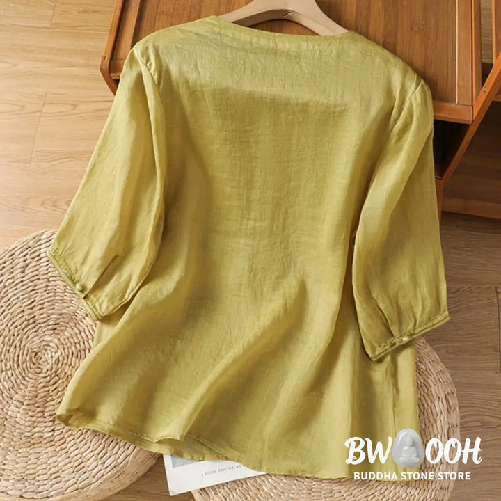 Buddha Stones Casual Embroidery Frog-Button Polyester Half Sleeve Women’s V-neck Shirt - Women’s Shirts