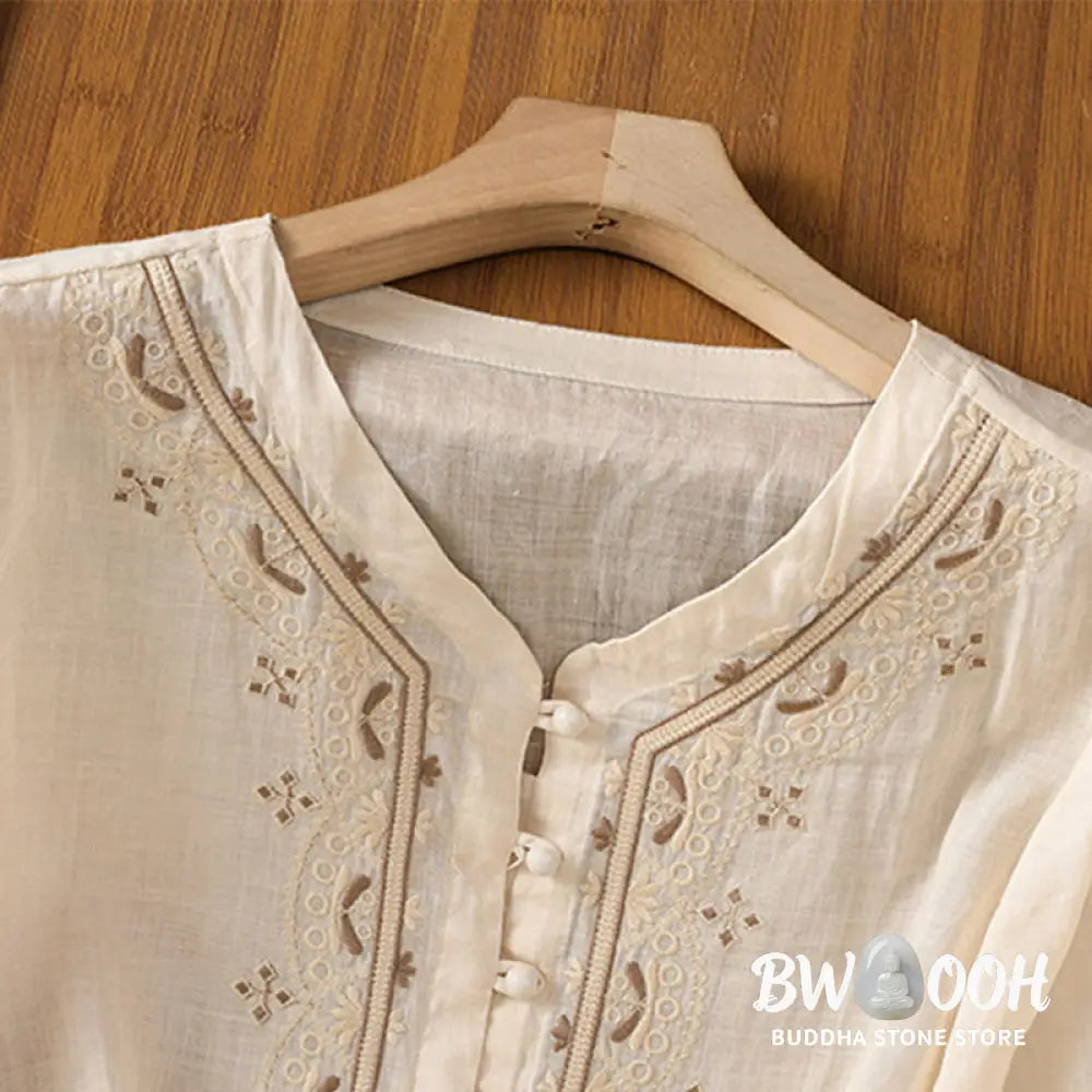 Buddha Stones Casual Embroidery Frog-Button Polyester Half Sleeve Women’s V-neck Shirt - Women’s Shirts