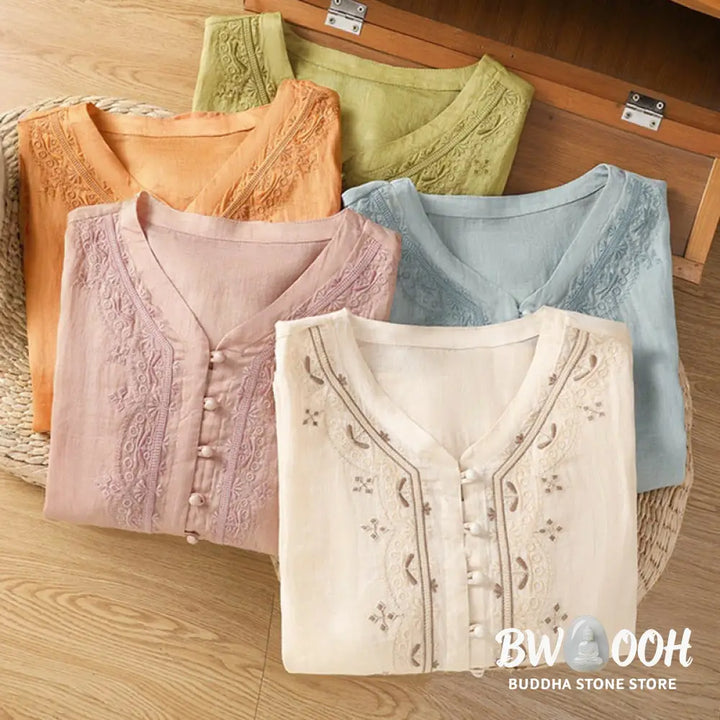 Buddha Stones Casual Embroidery Frog-Button Polyester Half Sleeve Women’s V-neck Shirt - Women’s Shirts