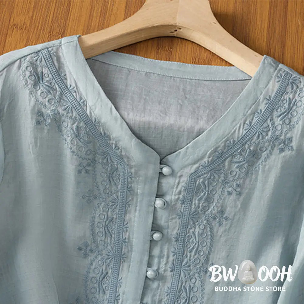 Buddha Stones Casual Embroidery Frog-Button Polyester Half Sleeve Women’s V-neck Shirt - Women’s Shirts