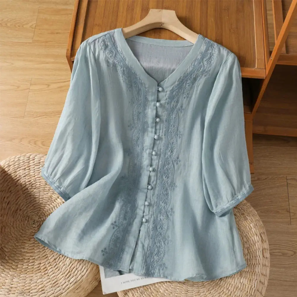 Buddha Stones Casual Embroidery Frog-Button Polyester Half Sleeve Women’s V-neck Shirt - SkyBlue / US4，UK/AU8，EU36 (M)