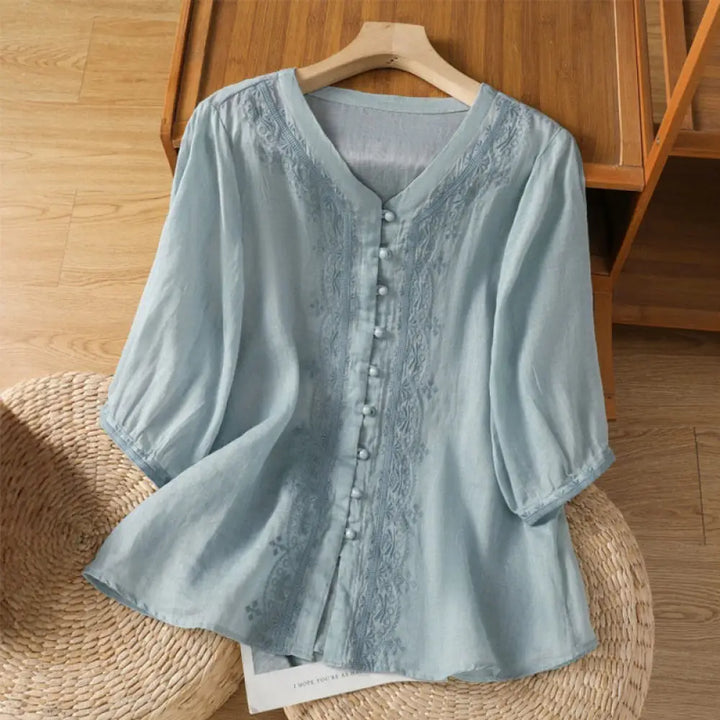 Buddha Stones Casual Embroidery Frog-Button Polyester Half Sleeve Women’s V-neck Shirt - SkyBlue / US4，UK/AU8，EU36 (M)