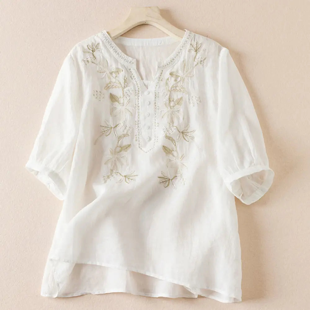 Buddha Stones Casual Embroidery Plants Women’s V-Neck Design Half Sleeve Cotton Blended Shirt - Ivory / US4，UK/AU8，EU36