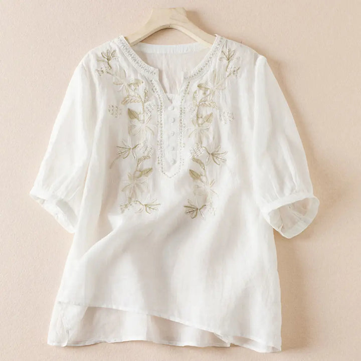 Buddha Stones Casual Embroidery Plants Women’s V-Neck Design Half Sleeve Cotton Blended Shirt - Ivory / US4，UK/AU8，EU36