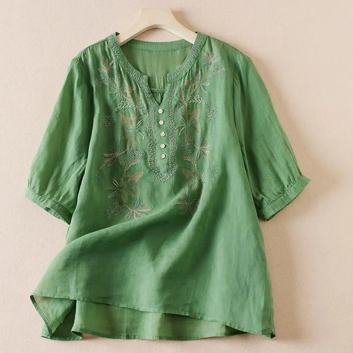 Buddha Stones Casual Embroidery Plants Women’s V-Neck Design Half Sleeve Cotton Blended Shirt - MediumSeaGreen