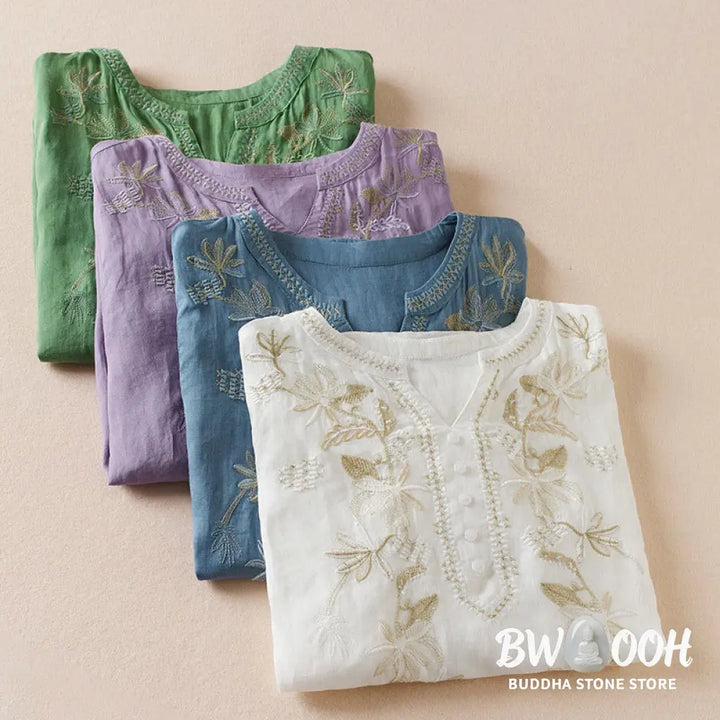 Buddha Stones Casual Embroidery Plants Women’s V-Neck Design Half Sleeve Cotton Blended Shirt - Women’s Shirts