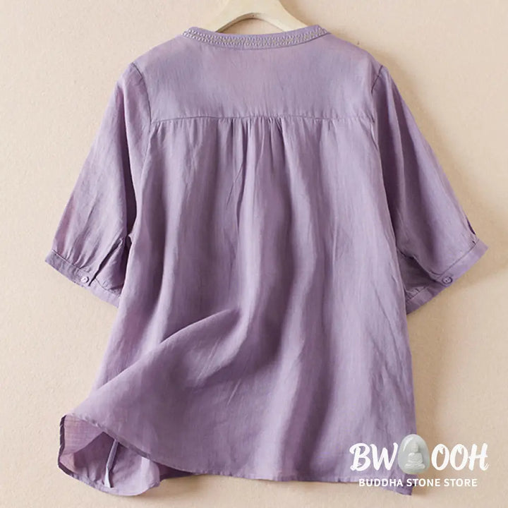 Buddha Stones Casual Embroidery Plants Women’s V-Neck Design Half Sleeve Cotton Blended Shirt - Women’s Shirts