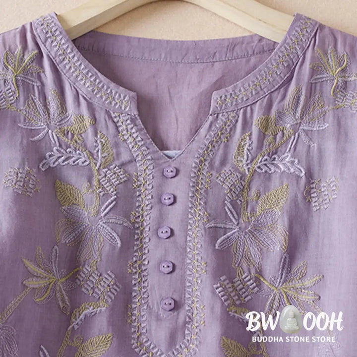 Buddha Stones Casual Embroidery Plants Women’s V-Neck Design Half Sleeve Cotton Blended Shirt - Women’s Shirts