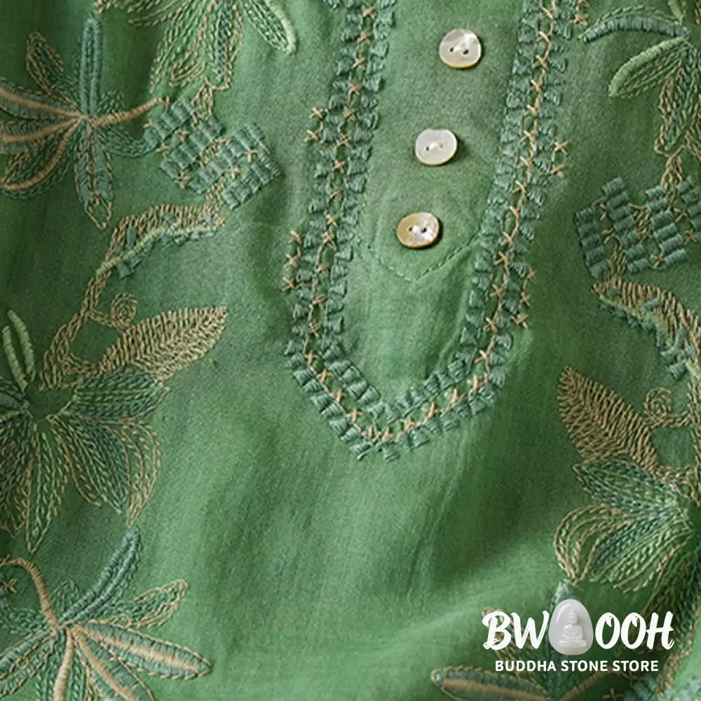 Buddha Stones Casual Embroidery Plants Women’s V-Neck Design Half Sleeve Cotton Blended Shirt - Women’s Shirts