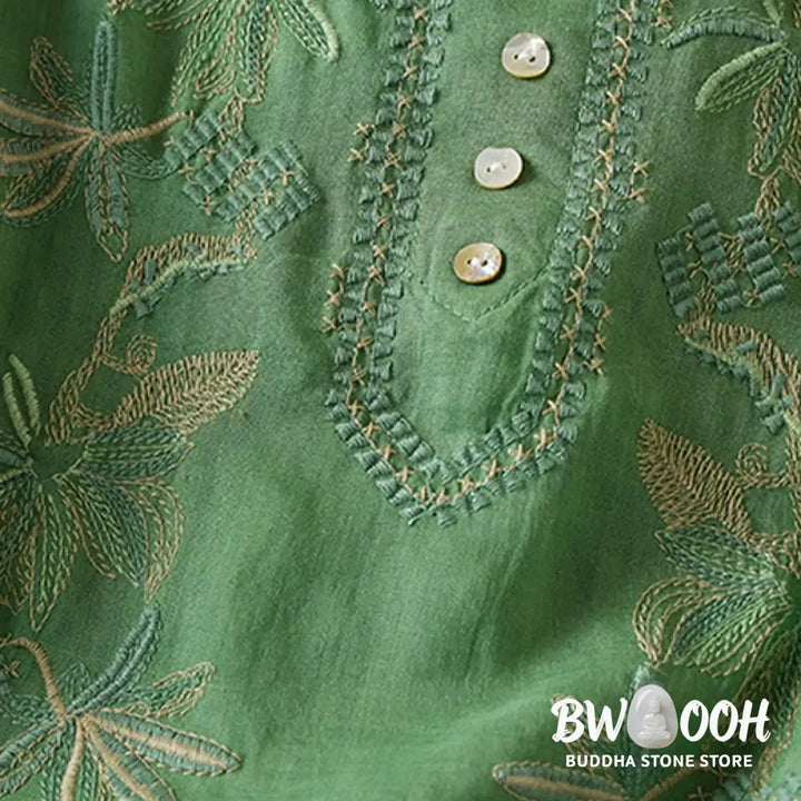 Buddha Stones Casual Embroidery Plants Women’s V-Neck Design Half Sleeve Cotton Blended Shirt - Women’s Shirts