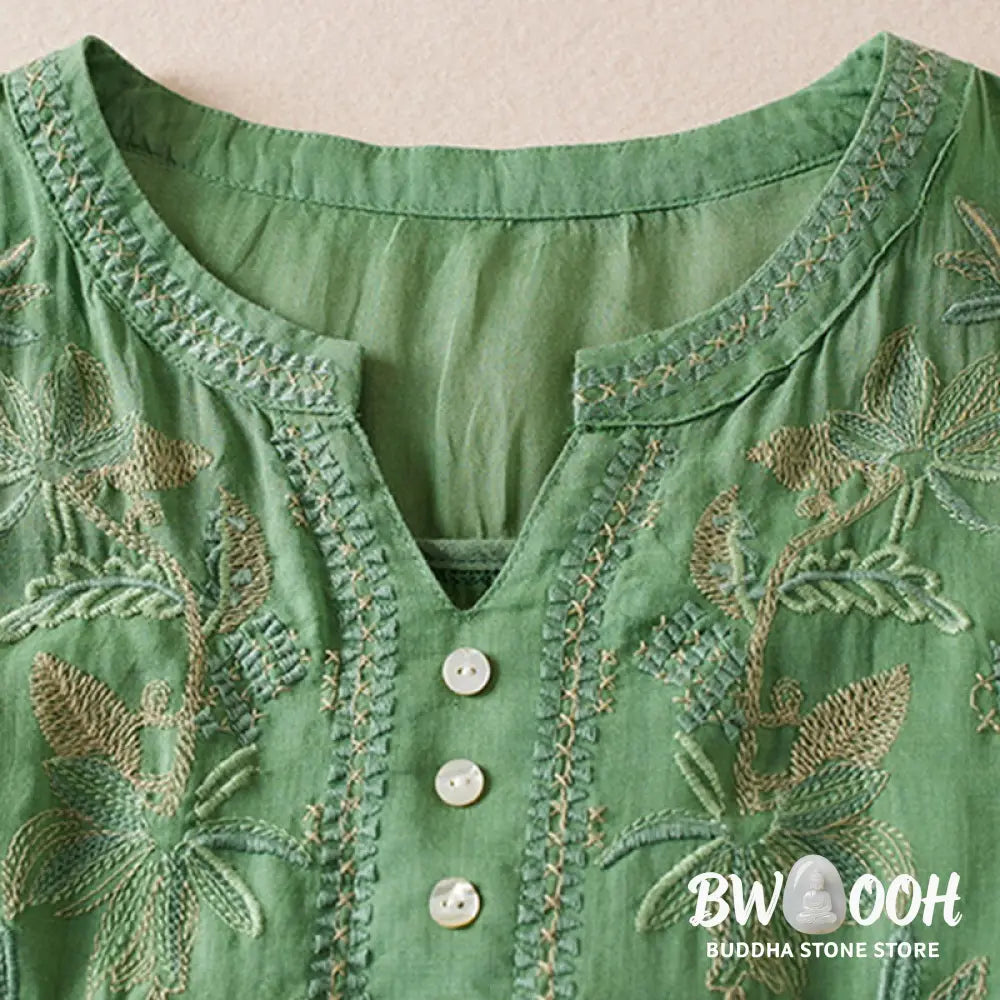 Buddha Stones Casual Embroidery Plants Women’s V-Neck Design Half Sleeve Cotton Blended Shirt - Women’s Shirts
