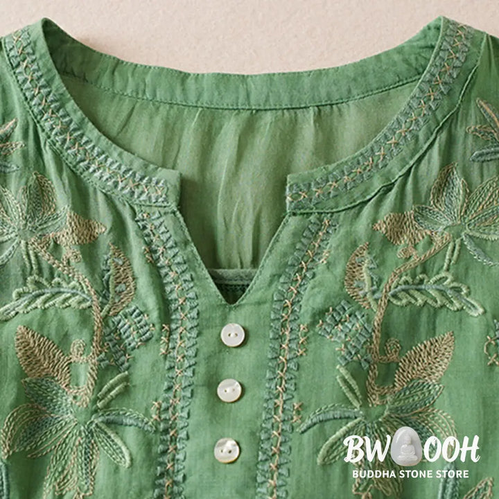 Buddha Stones Casual Embroidery Plants Women’s V-Neck Design Half Sleeve Cotton Blended Shirt - Women’s Shirts